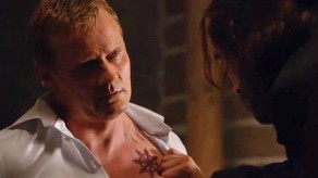 One of the Hessians (Carsten Norgaard) shows off his chest tattoo on Sleepy Hollow.