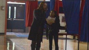 Abbie and Ichabod at the polling place on Sleepy Hollow