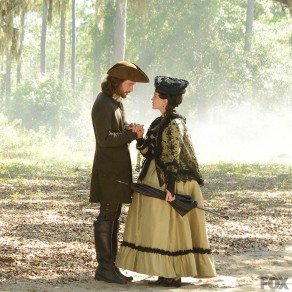 Ichabod (Tom Mison)  takes Mary Wells' (Heather Lind) hand.