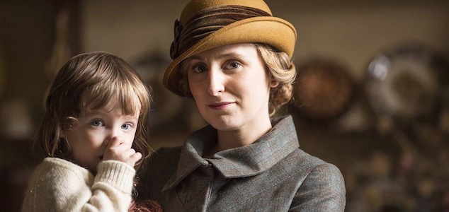 Lady Edith holds her daughter Marigold on Downton Abbey