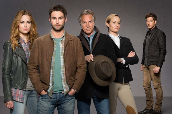 Rebecca Rittenhouse, Chase Crawford, Don Johnson, Amber Valletta and Scott Michael Foster on Blood & Oil promo pic.
