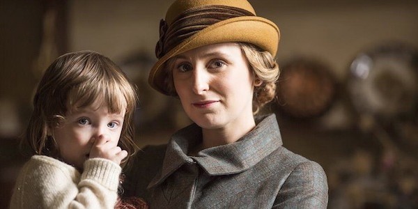 Lady Edith holds her daughter Marigold on Downton Abbey